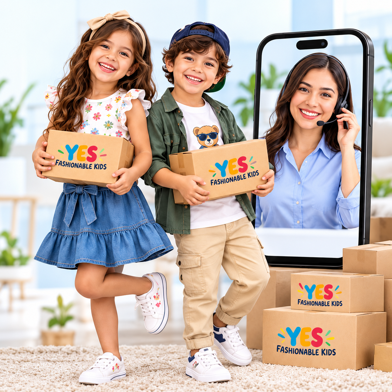 Niños con paquetes y asesora de atención al cliente en un celular